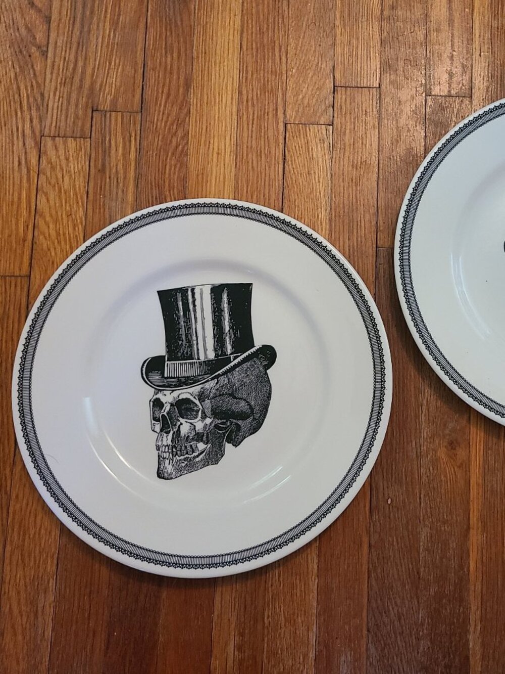 Victorian English Pottery Skull Top Hat Dinner Plates Set of 2 Gothic 11"